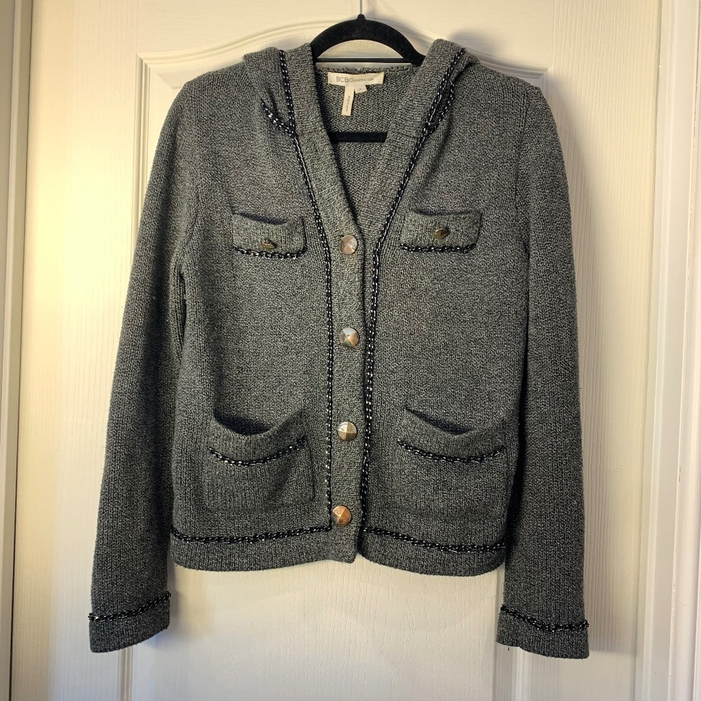 BCBGGeneration Hooded Cardigan Grey Knit with Chain Trim, Size S , Polished Look